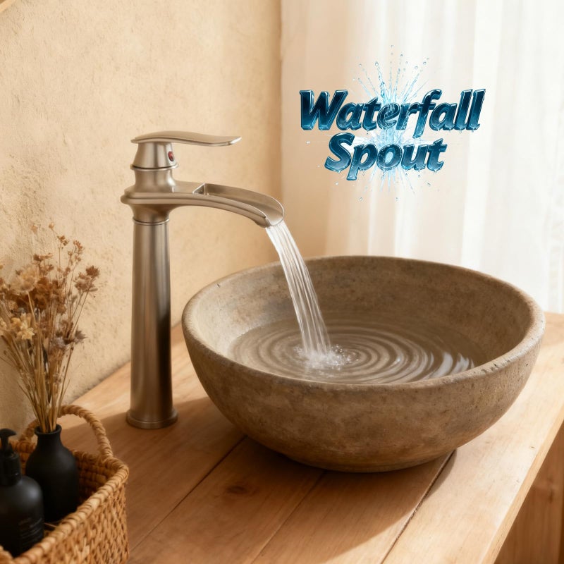 Beelee Waterfall Spout Commercial Bathroom Vessel Sink Faucet Single Handle One Hole Deck Mount Brushed Nickel Lavatory Mixer Tap - Image 5